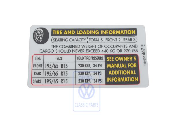 Data plate for VW Golf Mk5