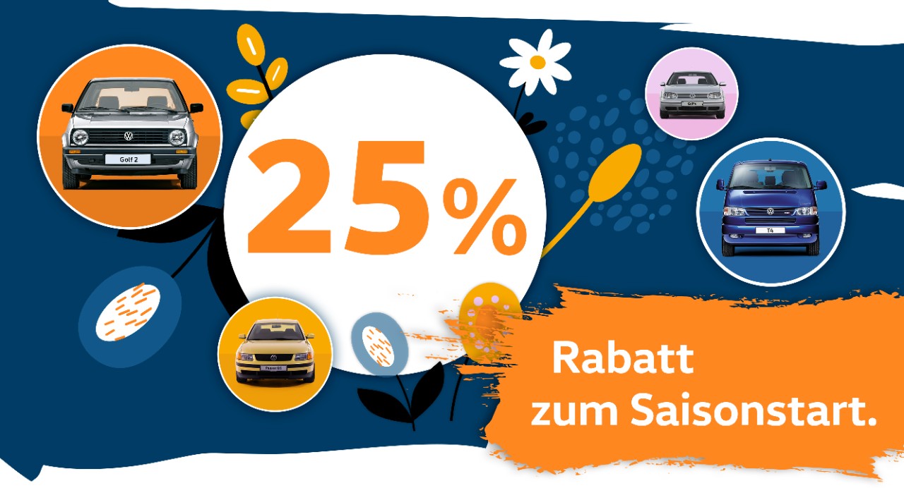 Jetzt 25 % Rabatt zum Saisonstart sichern und VW Classic Parts entdecken.