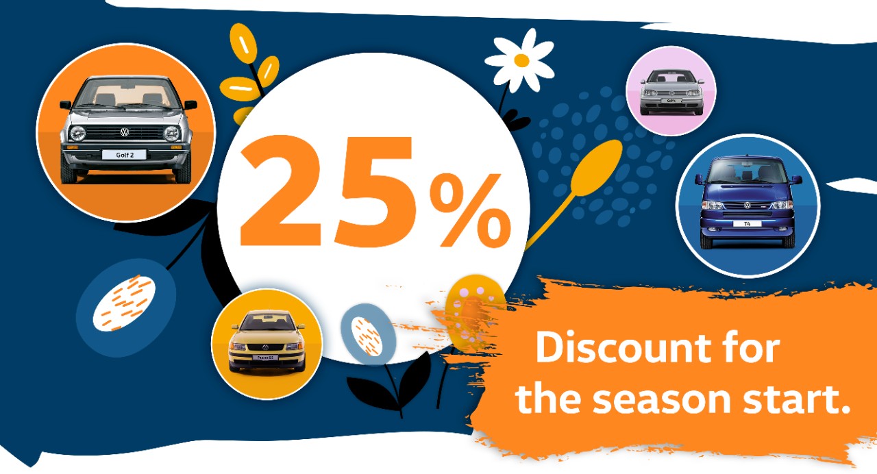 Get a 25 % discount at the start of the season and discover VW Classic Parts.